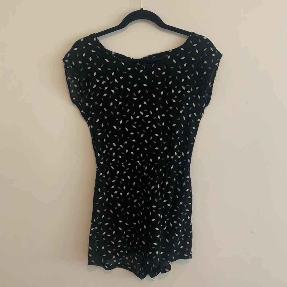 Black & white geometric backless 80s style romper